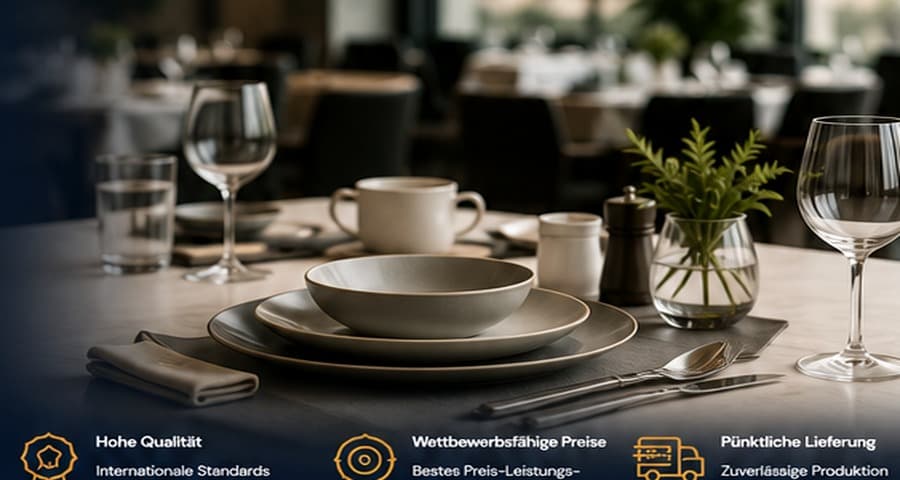 Elegant table setting with dishes, glasses and cutlery for HoReCa